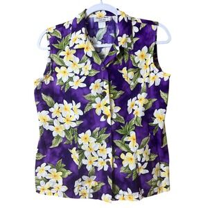 Hawaiian Reserve Collection Sleeveless Cotton Button Down Hibiscus Purple Medium